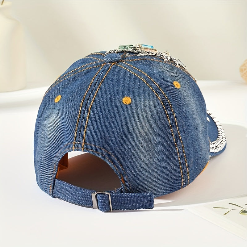 Rhinestone Leaf Patch Baseball Cap Denim Distressed Dad Hat