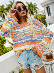Striped Knit Sweater Crew Neck Long Sleeve Casual Sweater