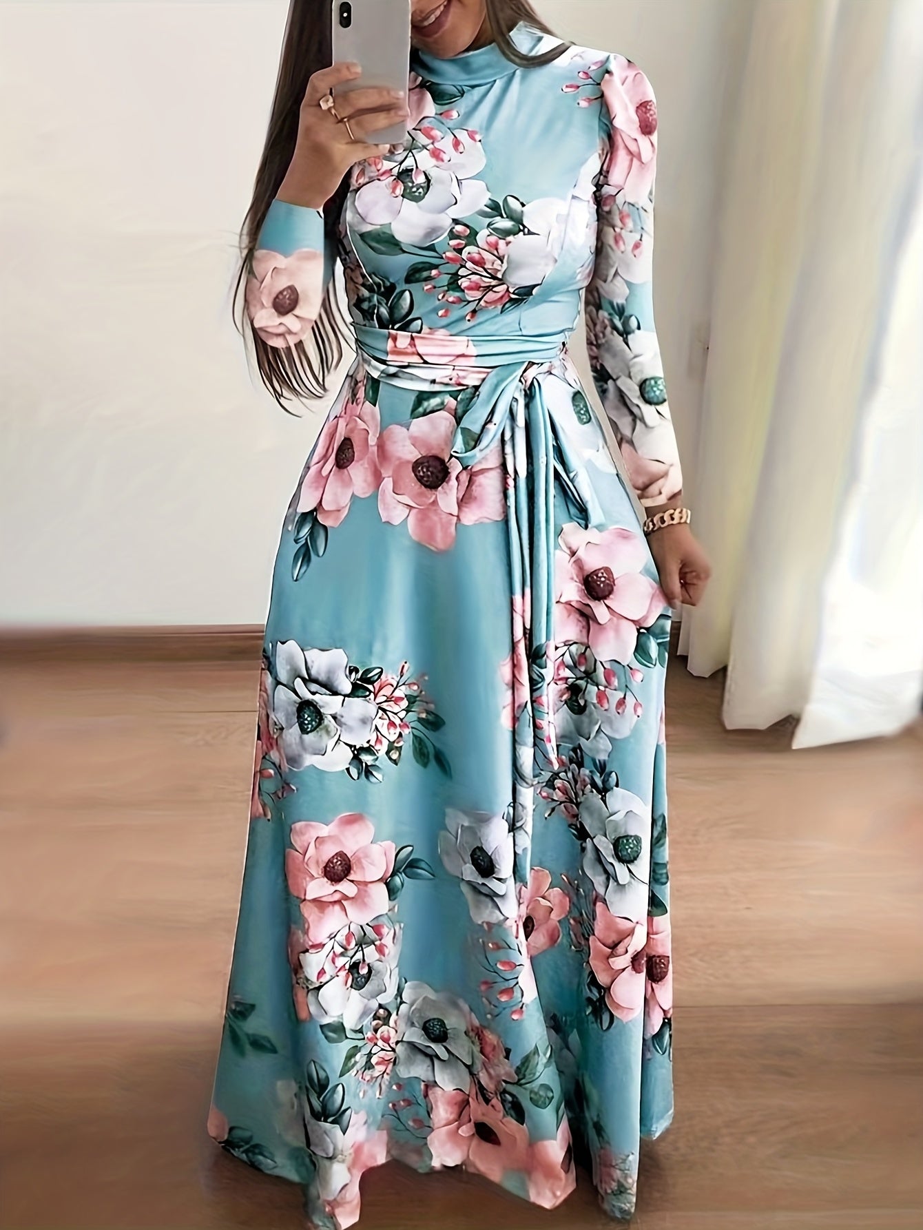 Retro Floral Print Dress Long Sleeve Casual