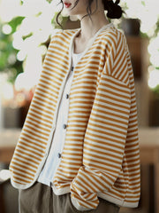 Striped Button Front Jacket V Neck Long Sleeve Outerwear