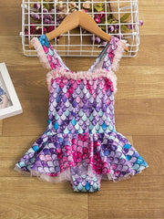 Girl's Fish Scale Pattern Onesie Swimsuit Mesh Ruffle Decor Tankini