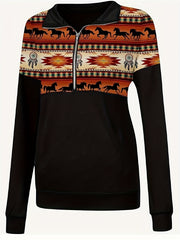 Boho Knit Top Women's Plus Colorblock Graphic Print Zipper Long Sleeve