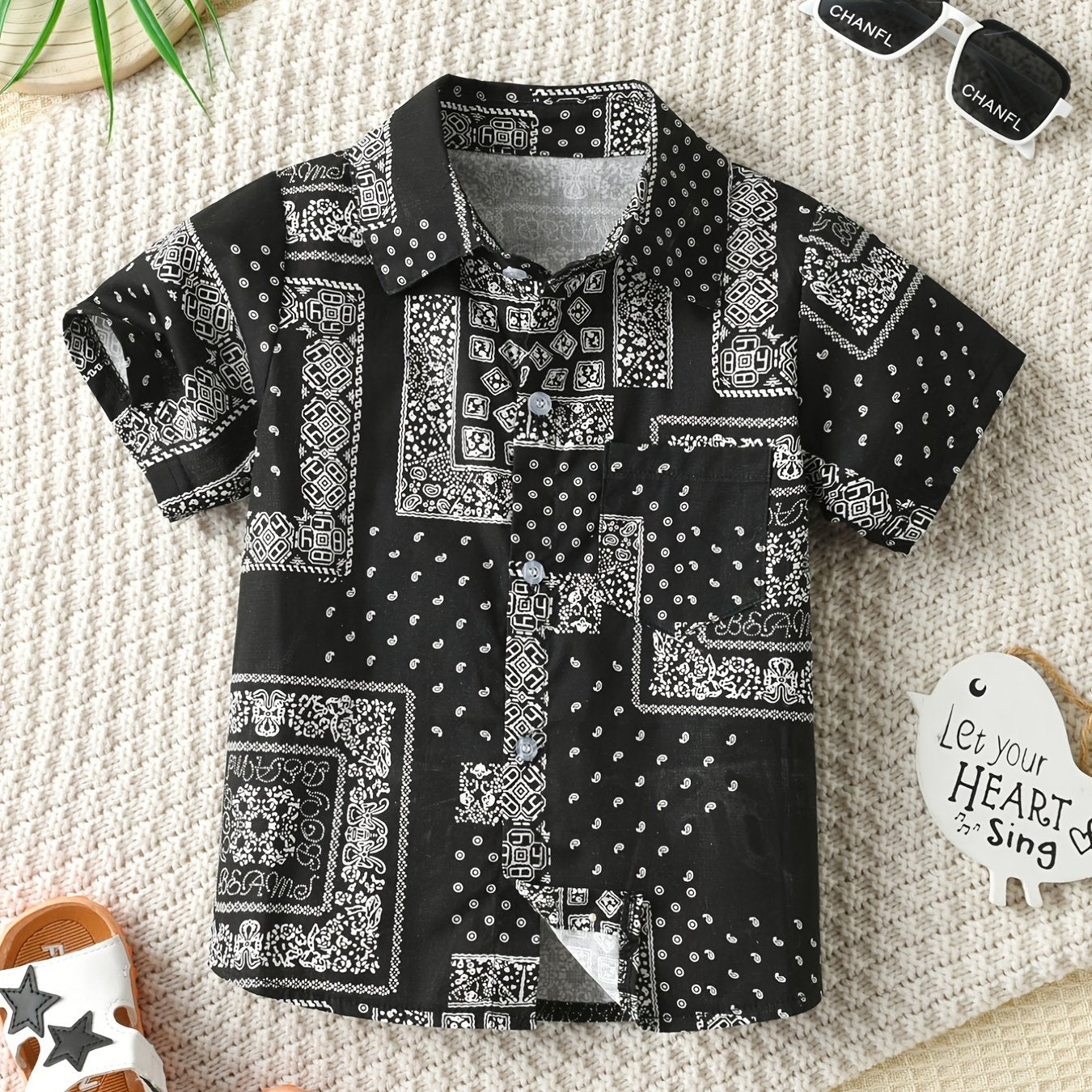 Boys Flower Pattern Shirt Short Sleeves Button Casual Spring Summer Kids Clothes