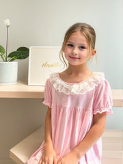 Girls Puff Sleeve Nightdress Lace Round Neck Dress Pajamas