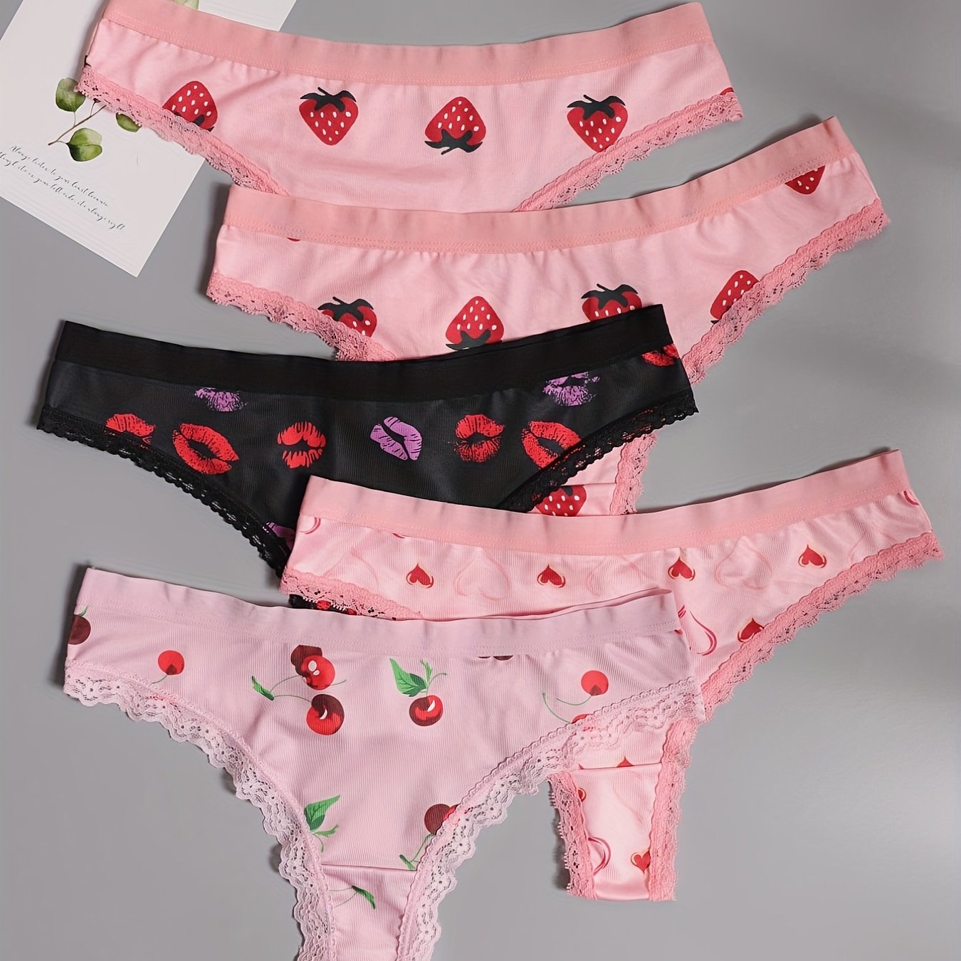5 Pack Women's Plus Size Thongs Set Lace Pattern Contrast Stretch Medium