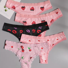 5 Pack Women's Plus Size Thongs Set Lace Pattern Contrast Stretch Medium