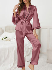 Satin Pajama Set Long Sleeve Top & Pants Women's Sleepwear