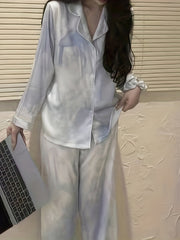 Colorblock Print Pajama Set Long Sleeve Buttons Top & Elastic Waistband Pants