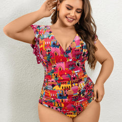Retro Swimsuit Women's Plus Allover Print Ruched V Neck