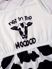 Toddler Girls Cow & Letter Graphic Shoulder Bow Cami Rompers Jumpsuits