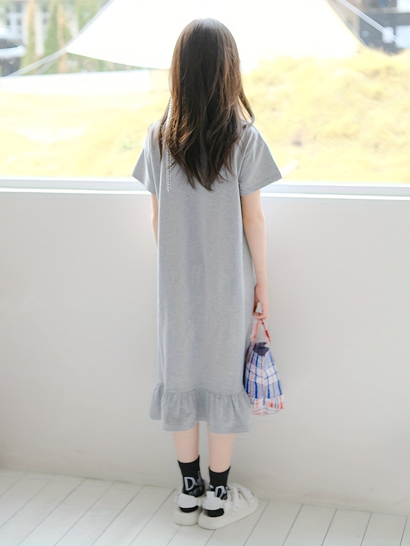 Girl's Cotton Tee Dress Short Sleeve Crew Neck Dress For Summer