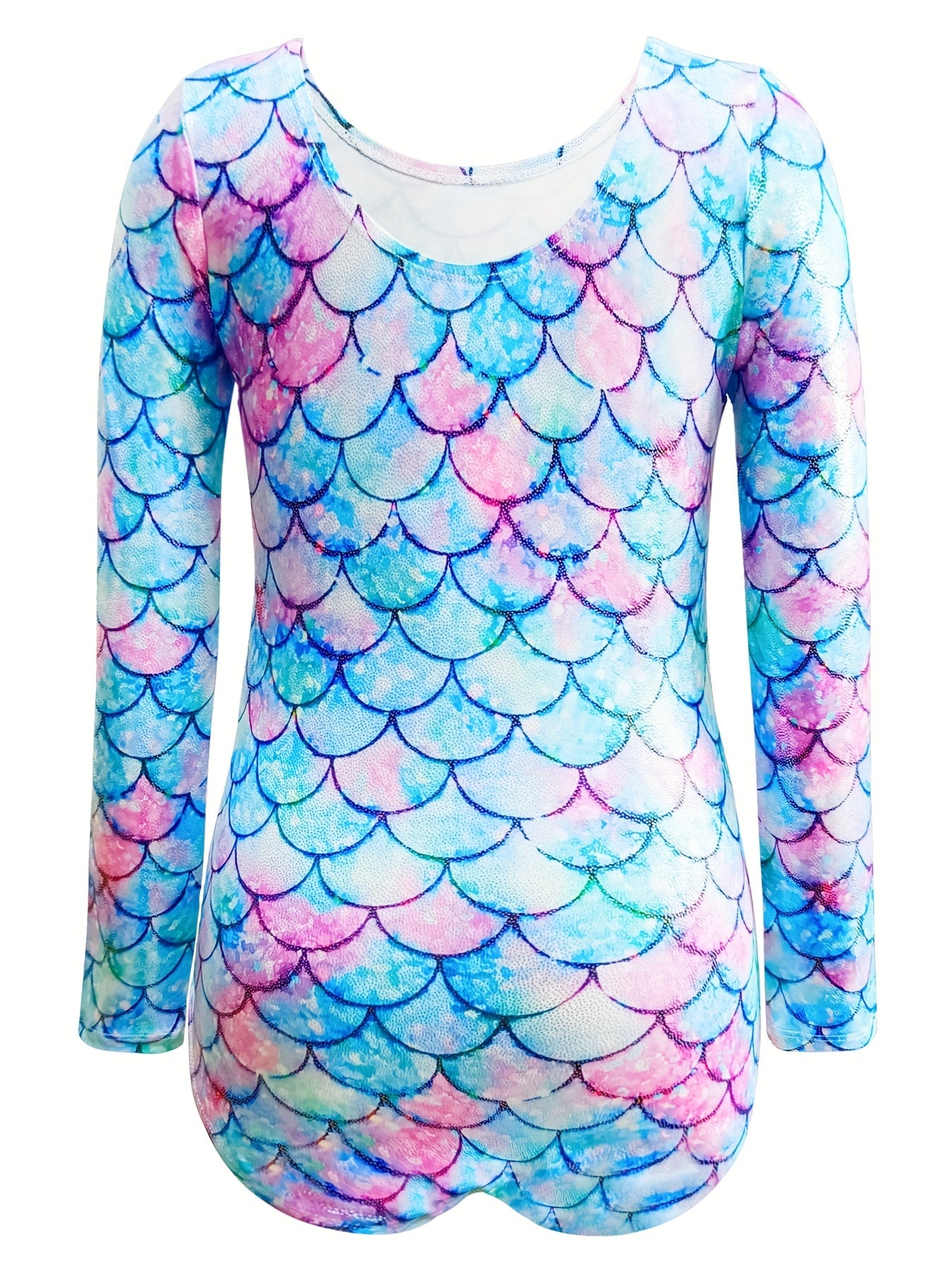 Girls Fish Scale Print Long Sleeve Gymnastic Romper