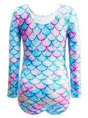 Girls Fish Scale Print Long Sleeve Gymnastic Romper