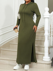 Plus Size Ribbed Hooded Long Sleeve Midi Dress