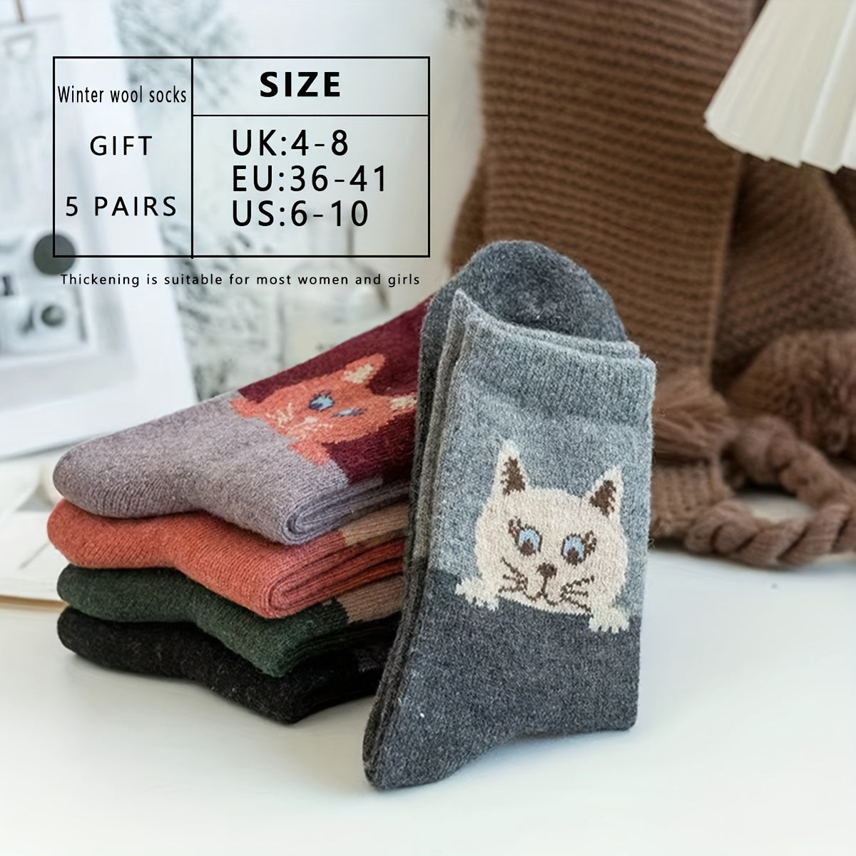 5 Pairs Cartoon Cat Print Socks Women's Mid Tube Stockings