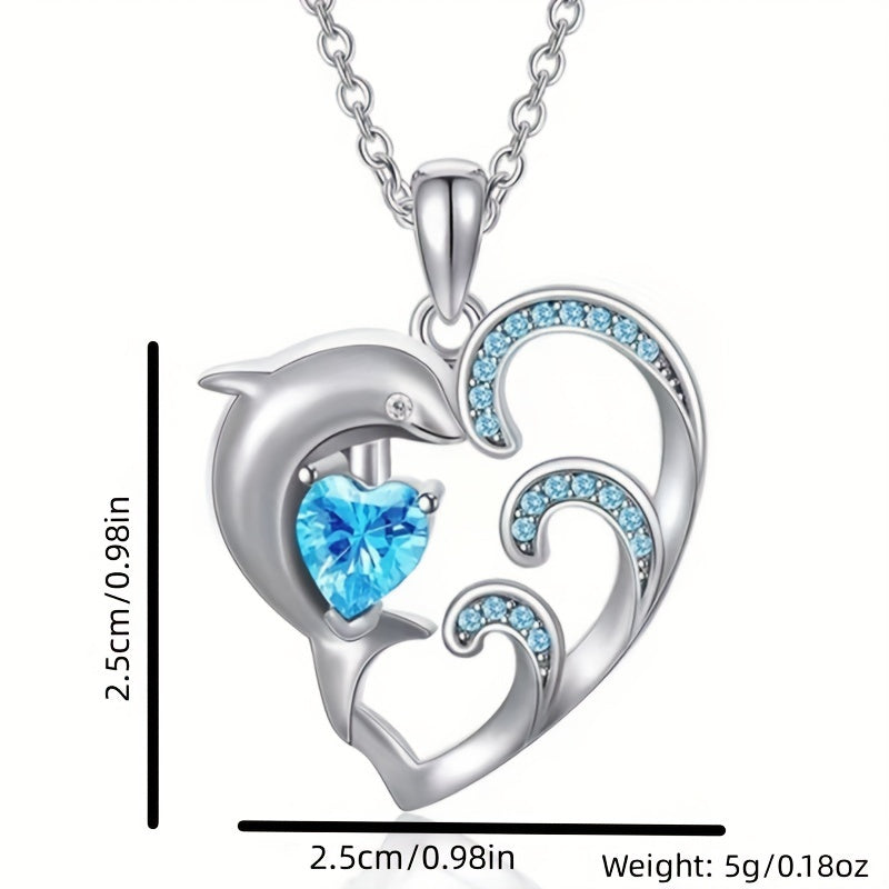 Cartoon Dolphin Wave Heart Pendant Necklace Holiday Gift