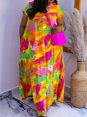 Women's Plus Painting Print Short Sleeve Round Neck Maxi Dress