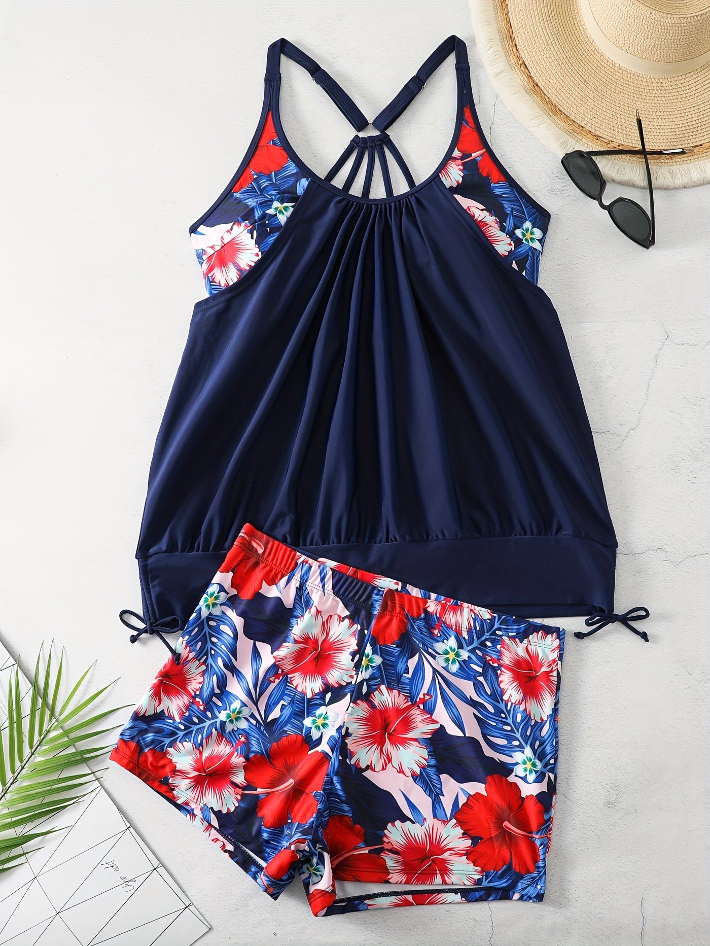 Tropical Print Lace Up Tankini Set