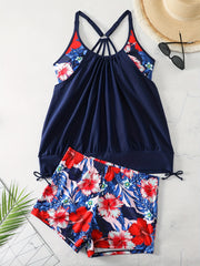 Tropical Print Lace Up Tankini Set