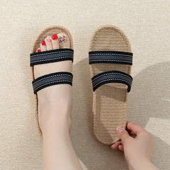 Women's Double Braided Straps Sandals Slip On Flat Linen Sole Non slip Shoes