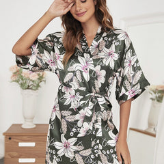 Floral Print Short Sleeve Satin Robe