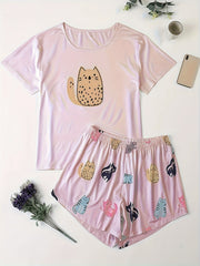 Plus Size Cat Print Pajamas Set Women's Short Sleeve Shirt & Shorts