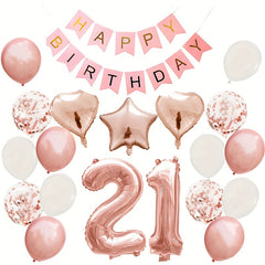 Rose Golden Birthday Balloons Set with Pull Flag