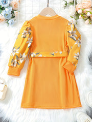 Floral Colorblock Long Sleeve Casual Dress Set with Belt
