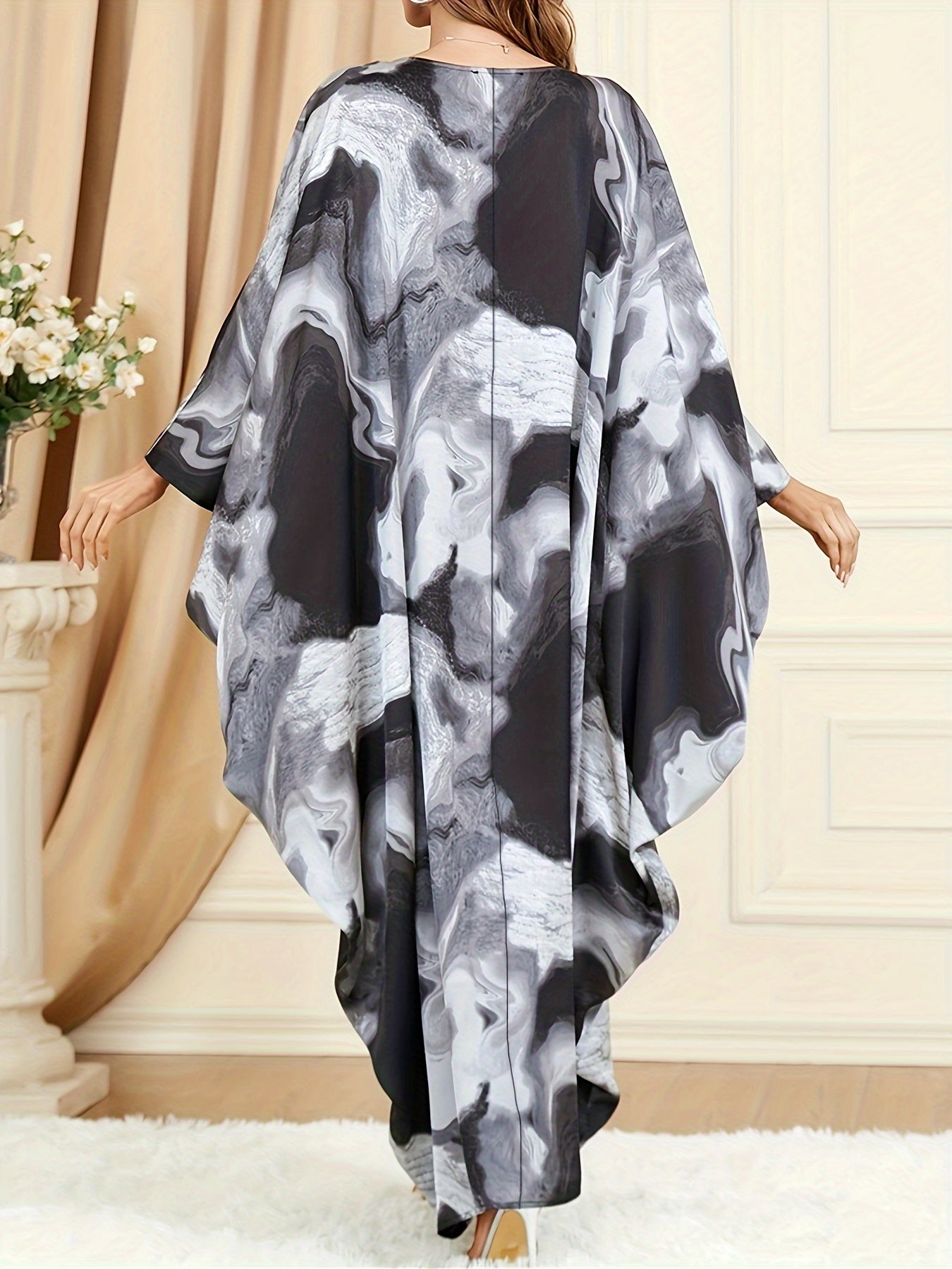 Marble Print Batwing Sleeve Round Neck Plus Size Kaftan Dress