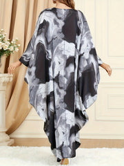 Marble Print Batwing Sleeve Round Neck Plus Size Kaftan Dress