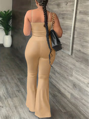 Solid Matching Two Piece Set Crop Cami Top & High Waist Flare Leg Pants Outfit