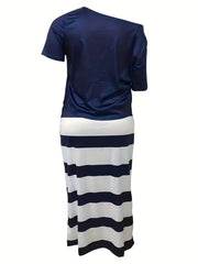 Off Shoulder Top & Striped Long Skirt Dress Set