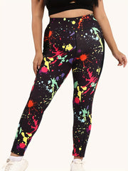 Sports Leggings Women's Plus Splash Print Wide Band Waist High Rise