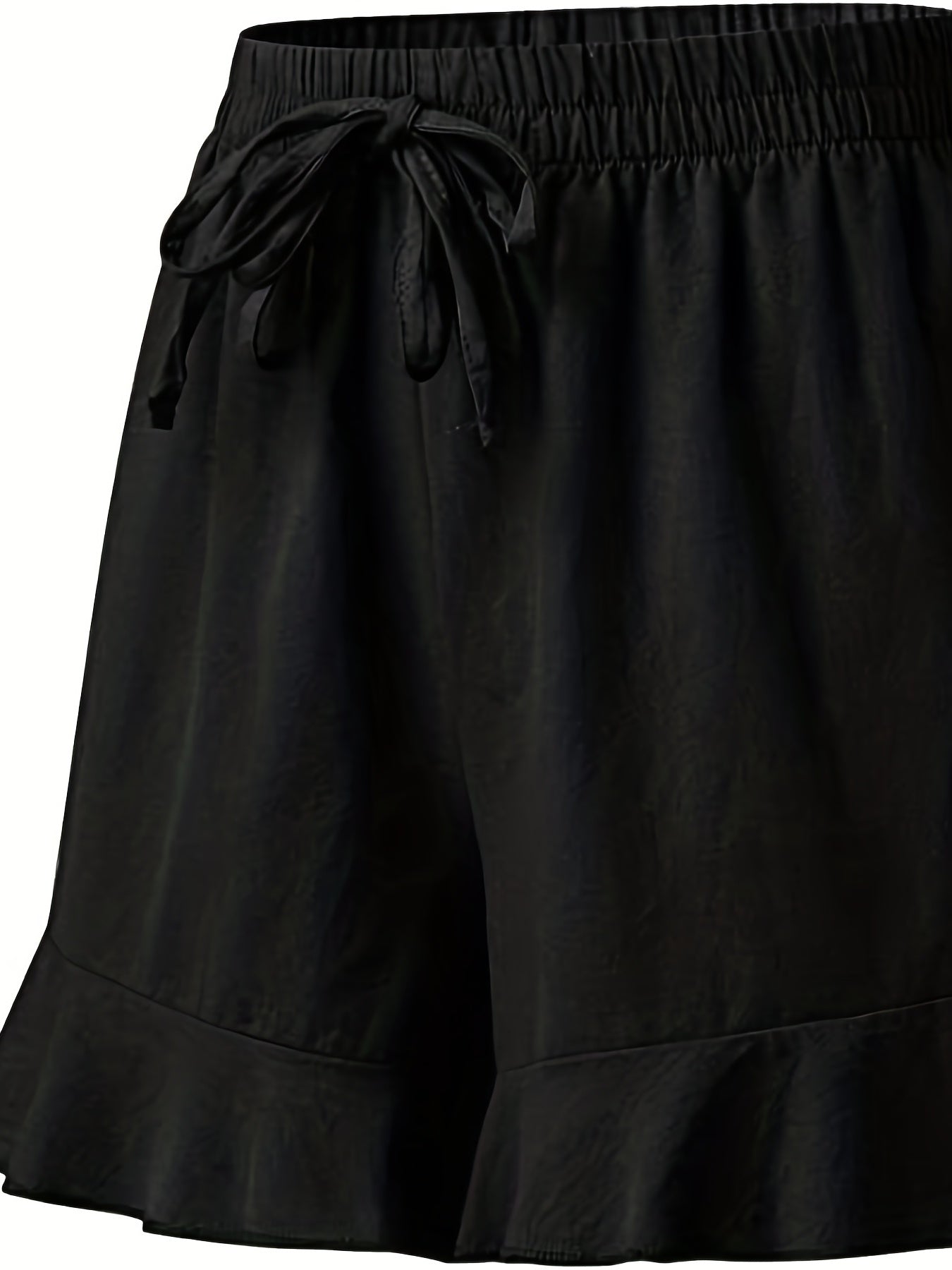 Solid Ruffle Trim High Rise Elastic Drawstring Loose Shorts