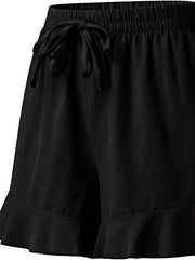 Solid Ruffle Trim High Rise Elastic Drawstring Loose Shorts