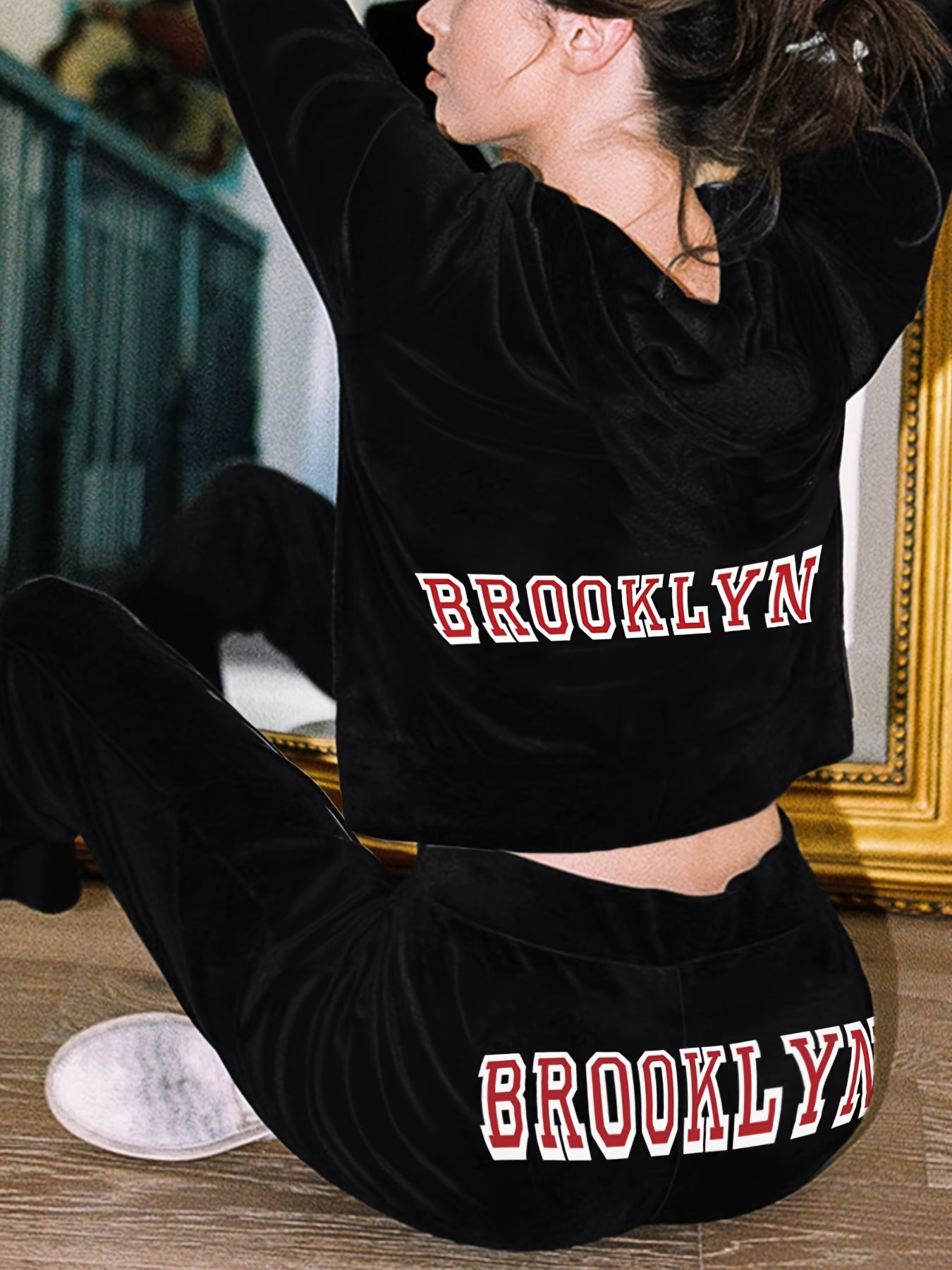 Women's Plus Size Letter Print Hoodie & Pants 2 Piece Set