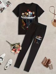 Cartoon Figure Print Two piece Set Casual Short Sleeve T shirt & Leggings