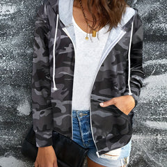 Camouflage Print Zip Up Hoodie Casual Long Sleeve Drawstring Hoodies
