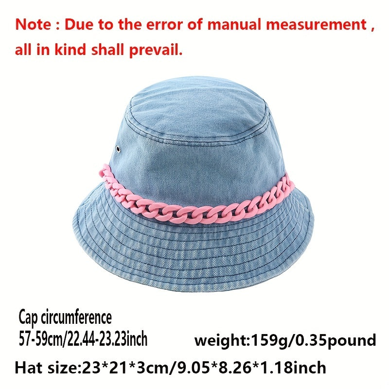 Y2K Denim Bucket Hat Washed Packable Basin Hat Chain Decor Casual Sunscreen