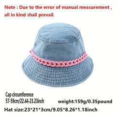 Y2K Denim Bucket Hat Washed Packable Basin Hat Chain Decor Casual Sunscreen