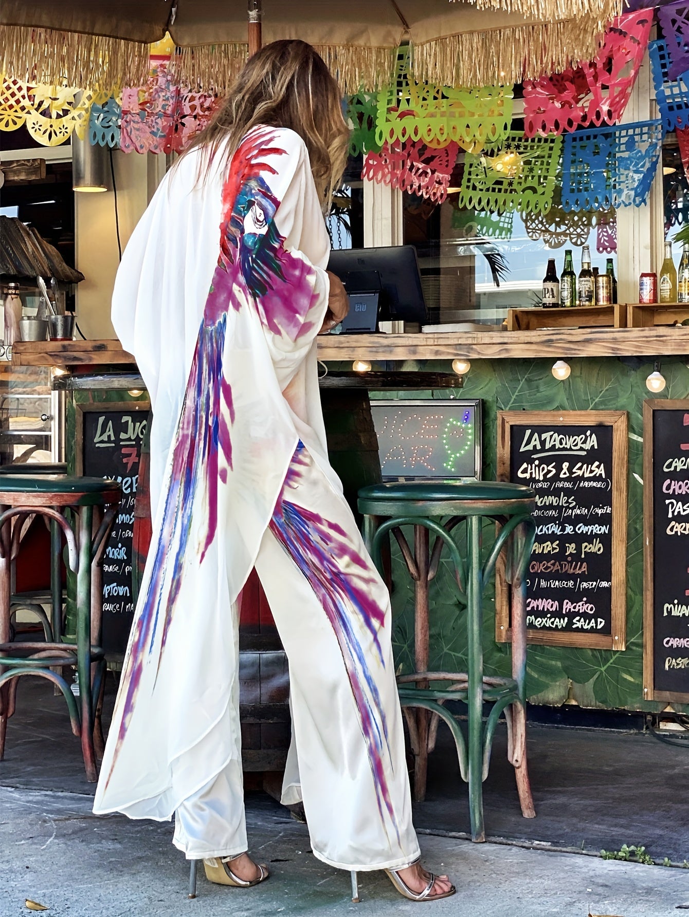 Bird Print Side Split Cover Up with Drawstring Waistband Coverup Pants