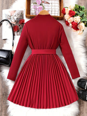 Girls Mock Neck Belted Long Sleeve Knit Top Pleated Dress