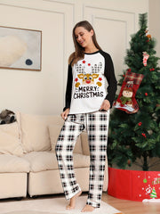 Christmas Elk Print Pajama Set Long Sleeve Top & Plaid Pants