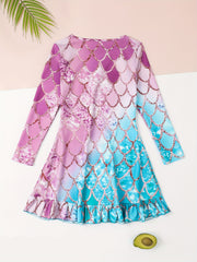 Dreamy Girls Gradient Fish Scale Print Long Sleeve Dress