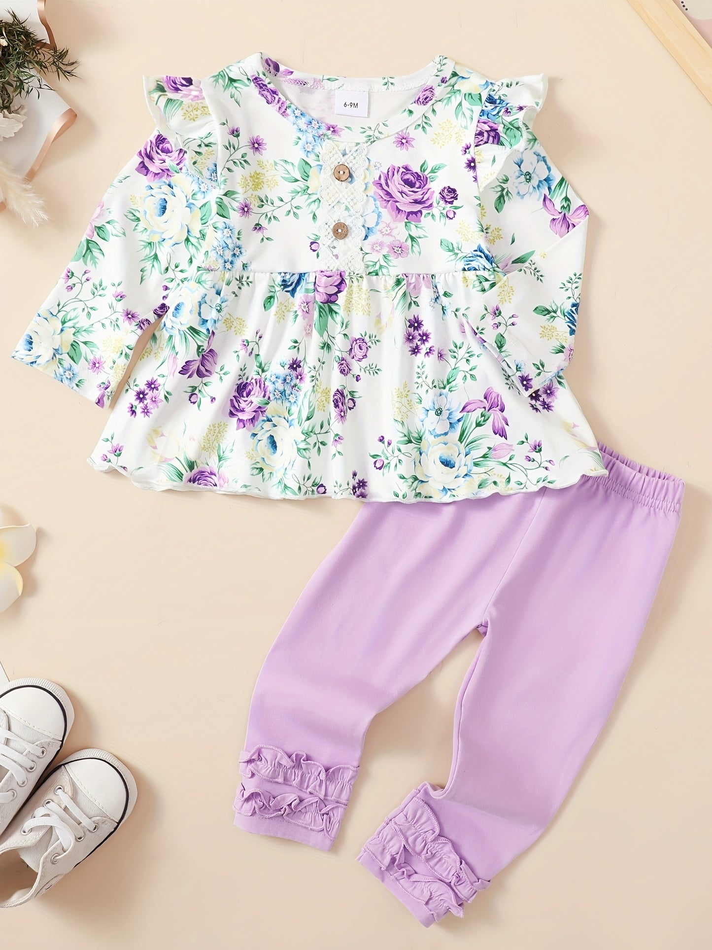 2pcs Baby Girl Flower Print Dress Top & Trousers Set