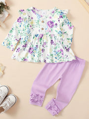 2pcs Baby Girl Flower Print Dress Top & Trousers Set