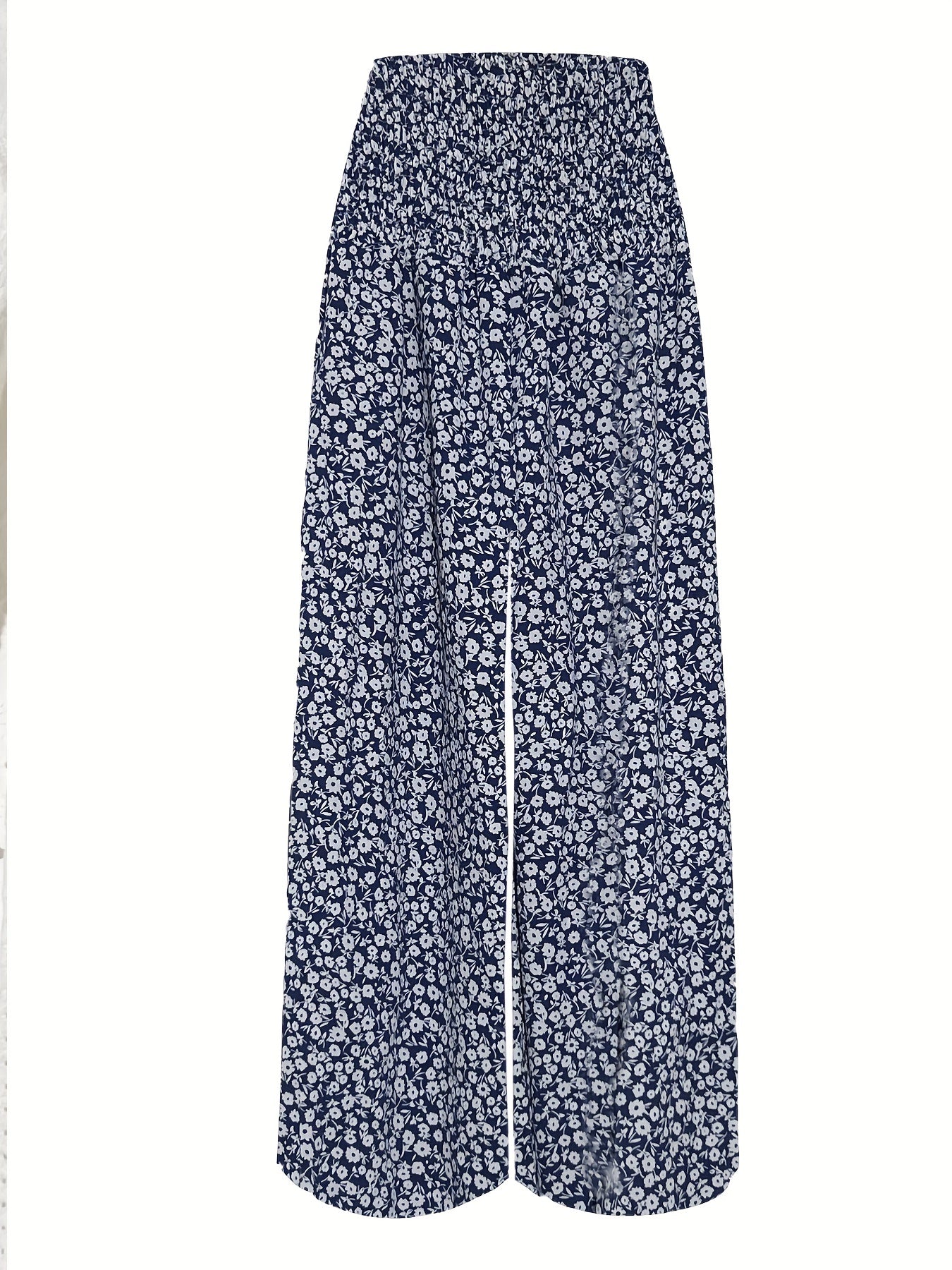 Floral Print Shirred Pants Wide Leg High Waist