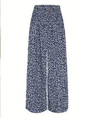 Floral Print Shirred Pants Wide Leg High Waist