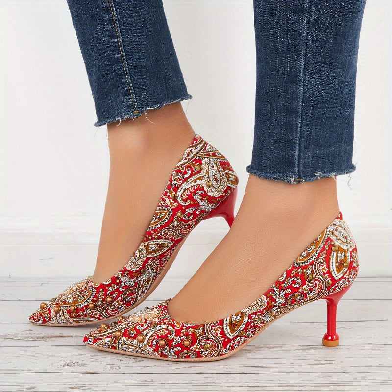 Rhinestone High Heels Paisley Pattern Pointed Toe Stiletto Heels