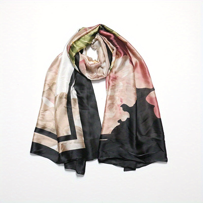 Vintage Flower Print Satin Scarf Shawl for Women